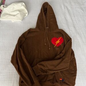 Aviator Nation Brown Hoodie with Red Heart and Yellow Lightning